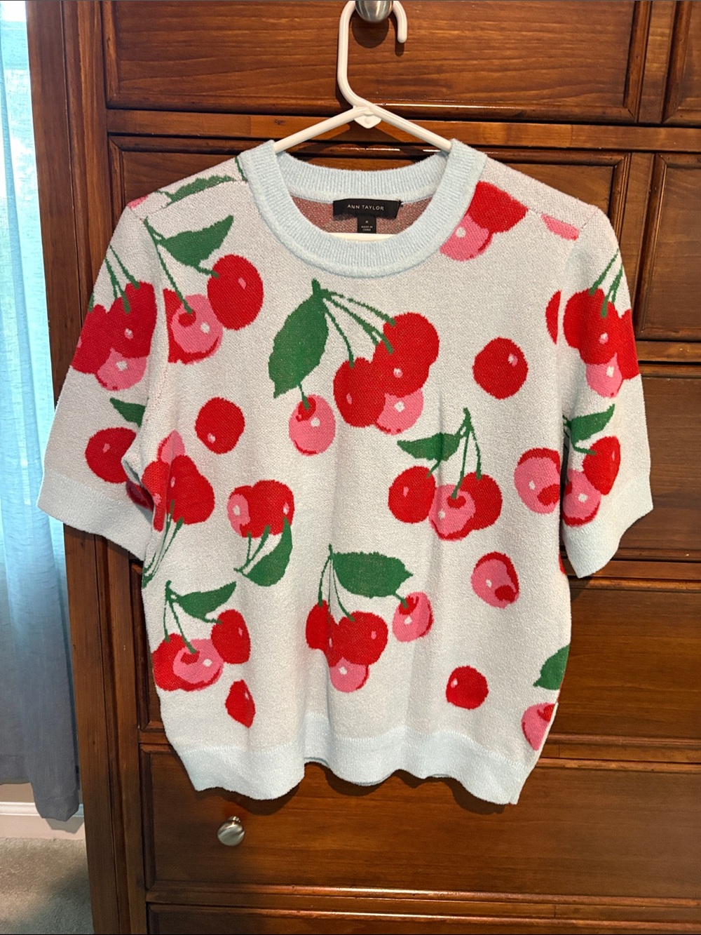 Ann Taylor Light Blue Cherry-Print Short Sleeve Sweater
